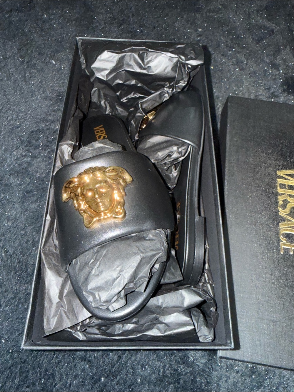 Versace Black Slide Sandals with Gold Medusa Crest